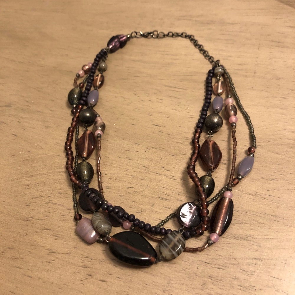 Multicolor Layered Beaded Necklace Purple Black Brown Green and Pink
